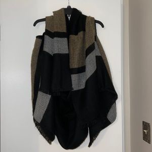 Bloomingdale’s scarf jacket (has holes for sleeves). Reversible